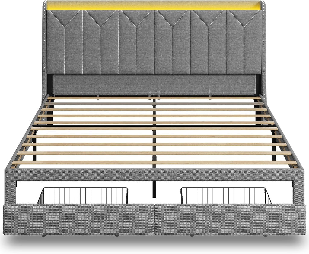 King Size Upholstered Bed Frame with 2 Drawers