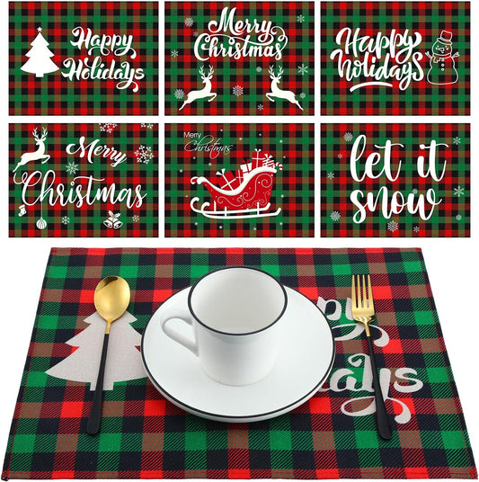 6 Pieces Christmas Buffalo Plaid Placemats Table Mats Farmhouse Waterproof Washable Table Mat Snowflake Snowman