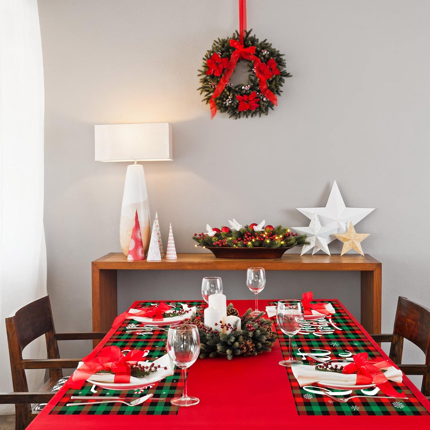 6 Pieces Christmas Buffalo Plaid Placemats Table Mats Farmhouse Waterproof Washable Table Mat Snowflake Snowman