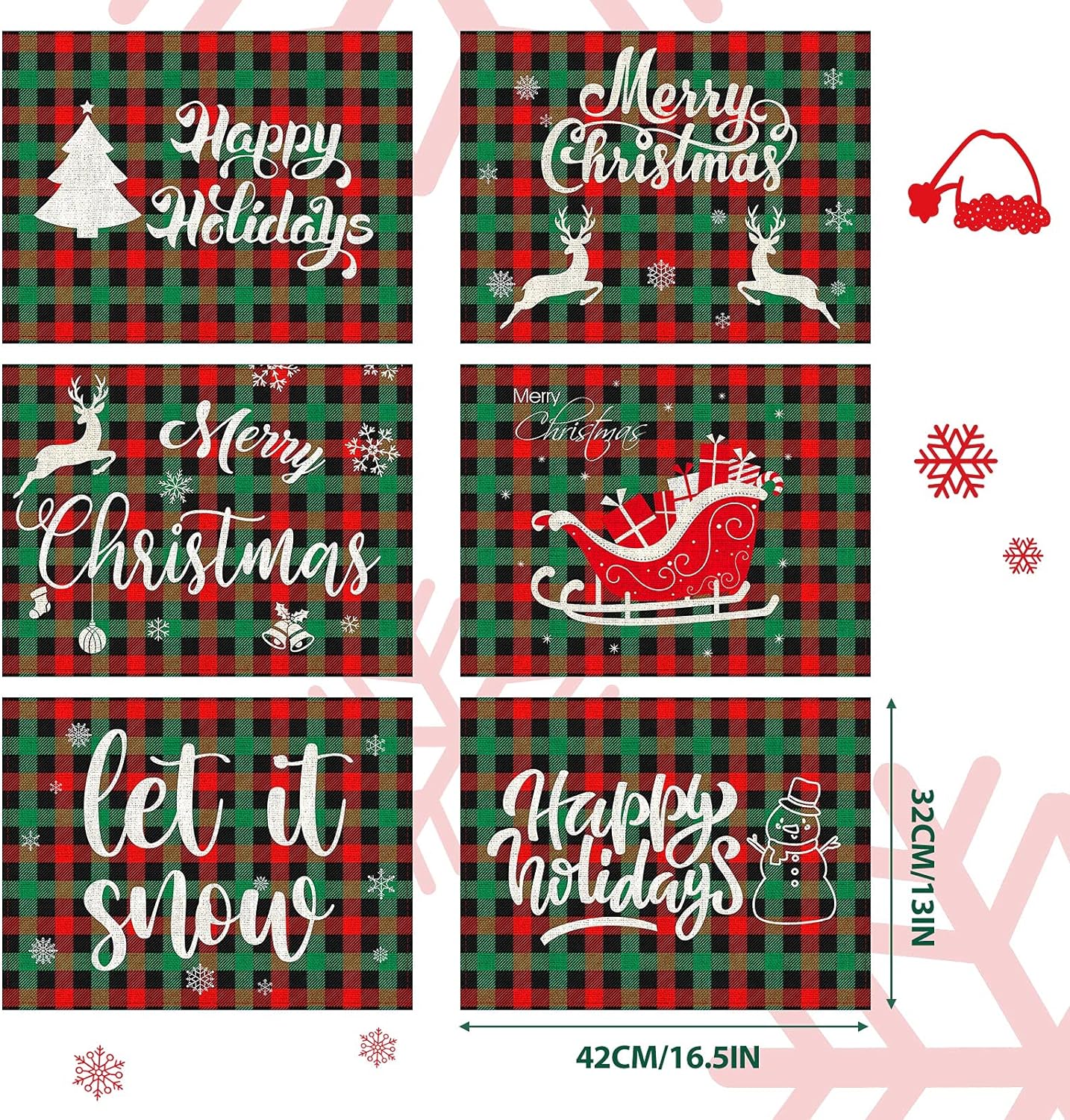 6 Pieces Christmas Buffalo Plaid Placemats Table Mats Farmhouse Waterproof Washable Table Mat Snowflake Snowman