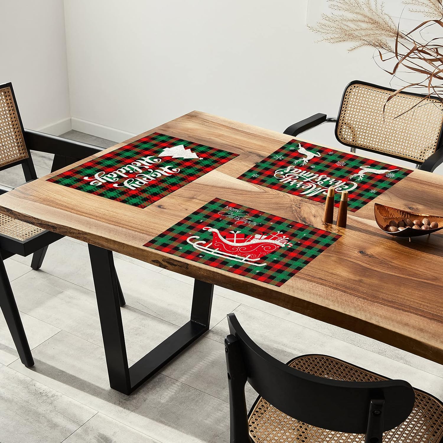 6 Pieces Christmas Buffalo Plaid Placemats Table Mats Farmhouse Waterproof Washable Table Mat Snowflake Snowman