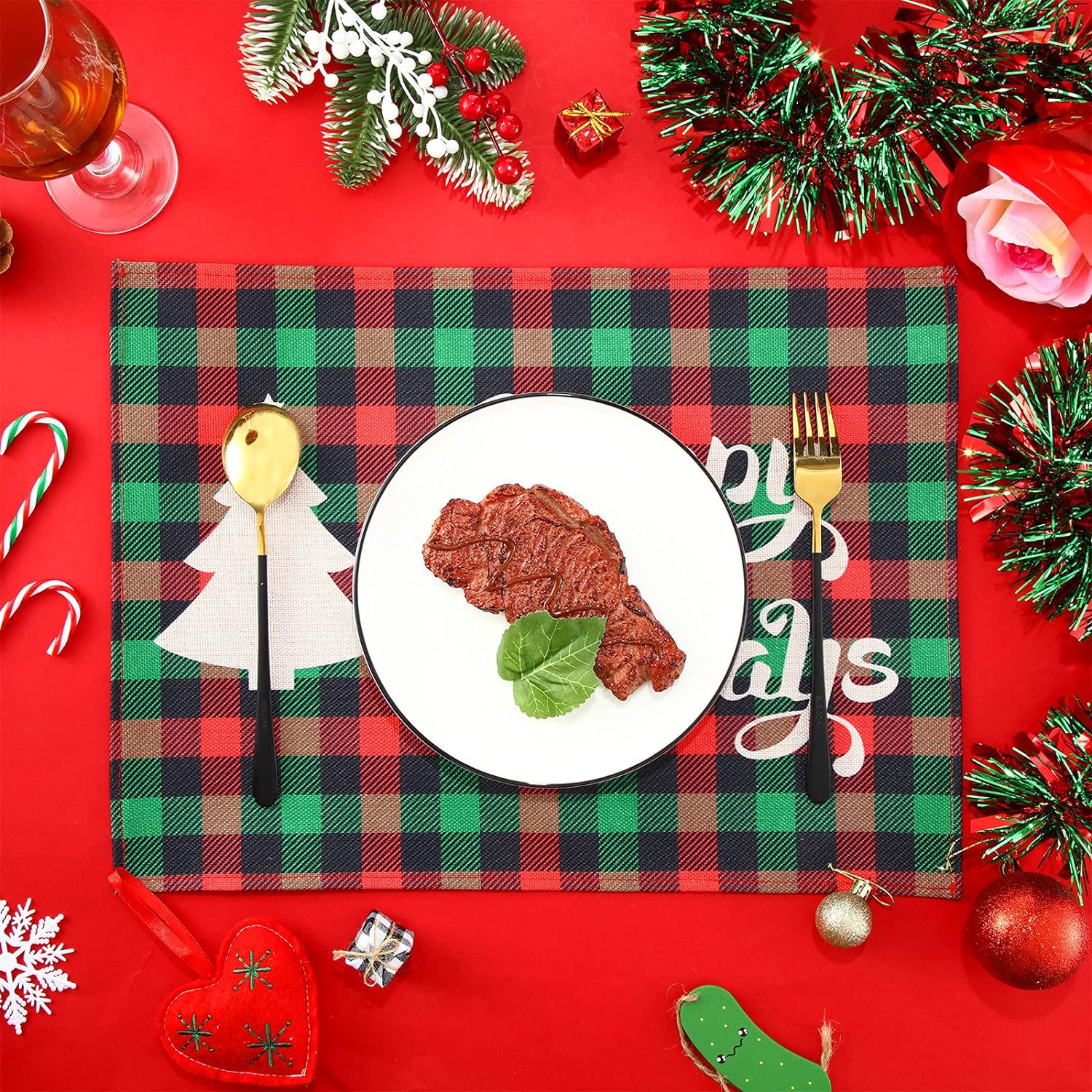 6 Pieces Christmas Buffalo Plaid Placemats Table Mats Farmhouse Waterproof Washable Table Mat Snowflake Snowman