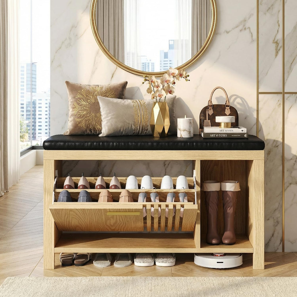 Shoe Storage Bench with Flip Drawers