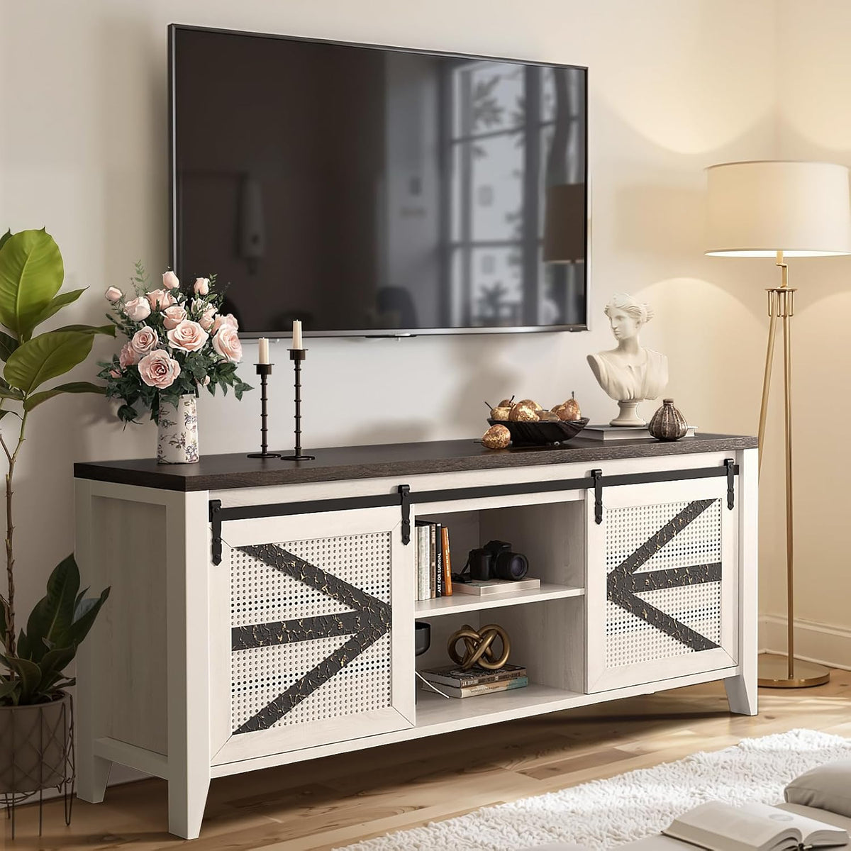 60 Inch TV Stand for TVs up to 65", Rustic Farmhouse Media Console with Sliding Barn Doors, 6 Drawers, Entertainment Center for Living Room
