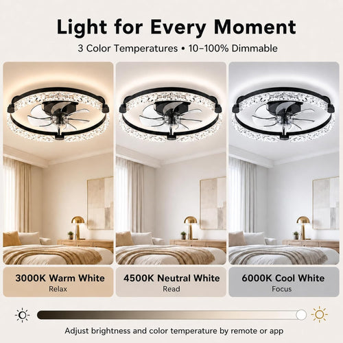 20" Low Profile Fandelier Ceiling Fans with Lights and Remote, Black