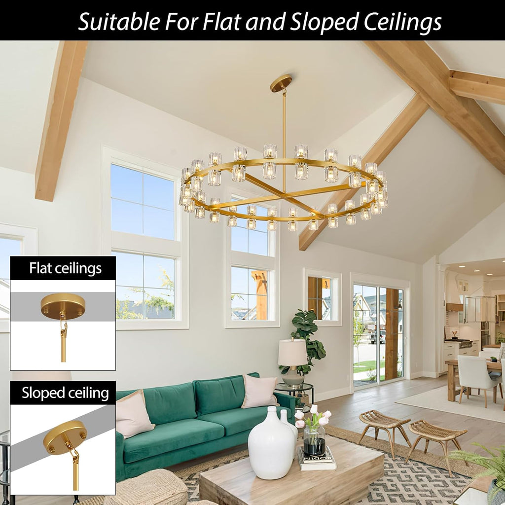Modern 48 inch Gold Round Chandeliers Light Fixture, Crystal Chandeliers for Dining Room, Living Room Chandelier, Wagon Wheel Chandelier Over Table, Suitable for Bedroom,Foyer,Includes Bulbs
