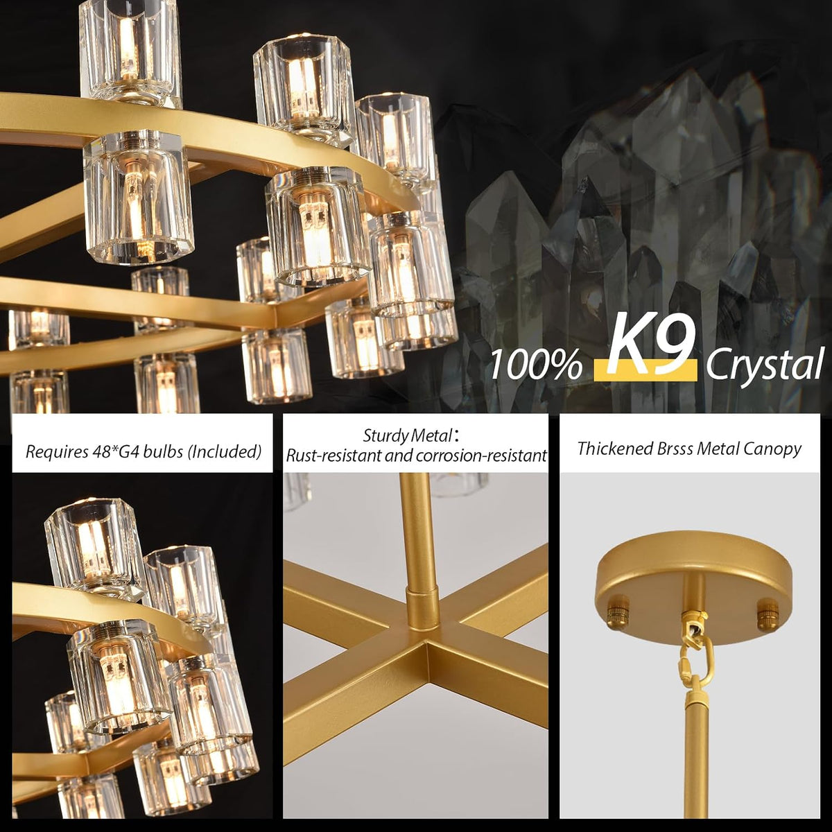 Modern 48 inch Gold Round Chandeliers Light Fixture, Crystal Chandeliers for Dining Room, Living Room Chandelier, Wagon Wheel Chandelier Over Table, Suitable for Bedroom,Foyer,Includes Bulbs