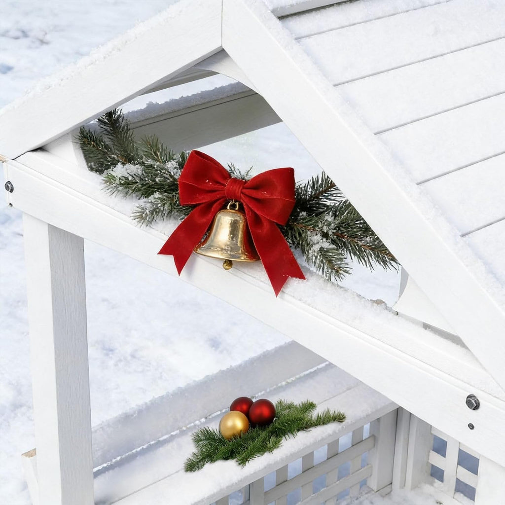 Large White Outdoor Wooden Playhouse for Kids, Weather-Resistant Cedar Fir Wood Backyard Cottage with Bench, Ultimate to Place Near Your White Christmas Tree,