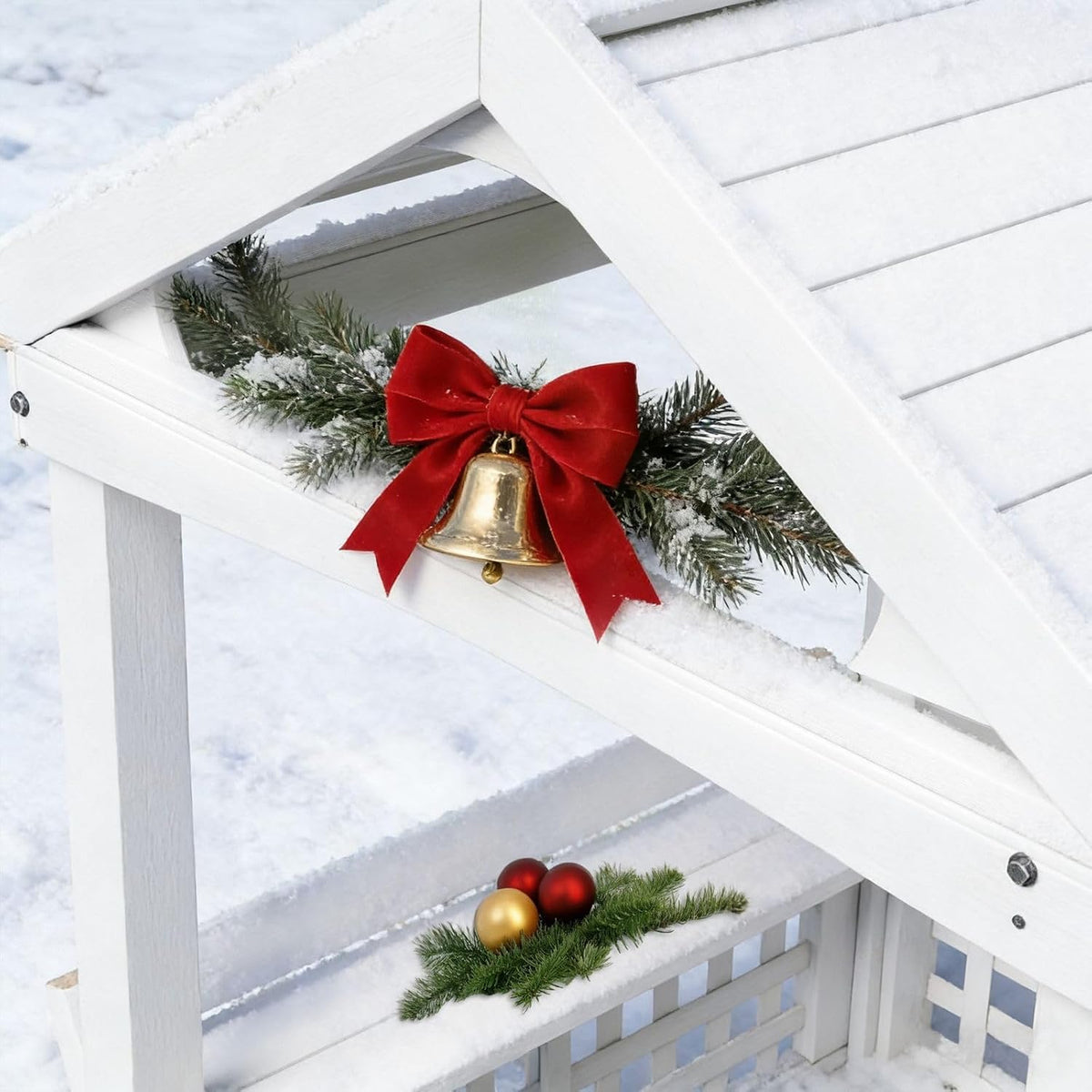 Large White Outdoor Wooden Playhouse for Kids, Weather-Resistant Cedar Fir Wood Backyard Cottage with Bench, Ultimate to Place Near Your White Christmas Tree,