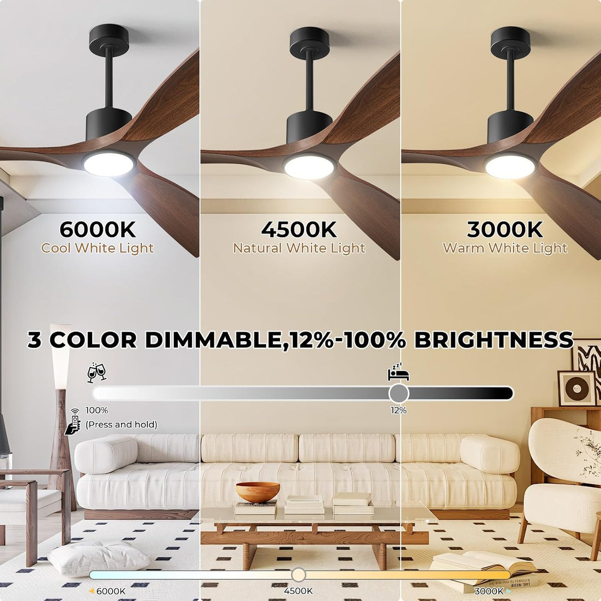 52" Smart Ceiling Fan with Lights,Outdoor Ceiling Fan Compatible with Alexa/App/Remote,3-Color Light 6-Speed Quiet Reversible DC Motor for Patio Porch Living Room,Dark Walnut