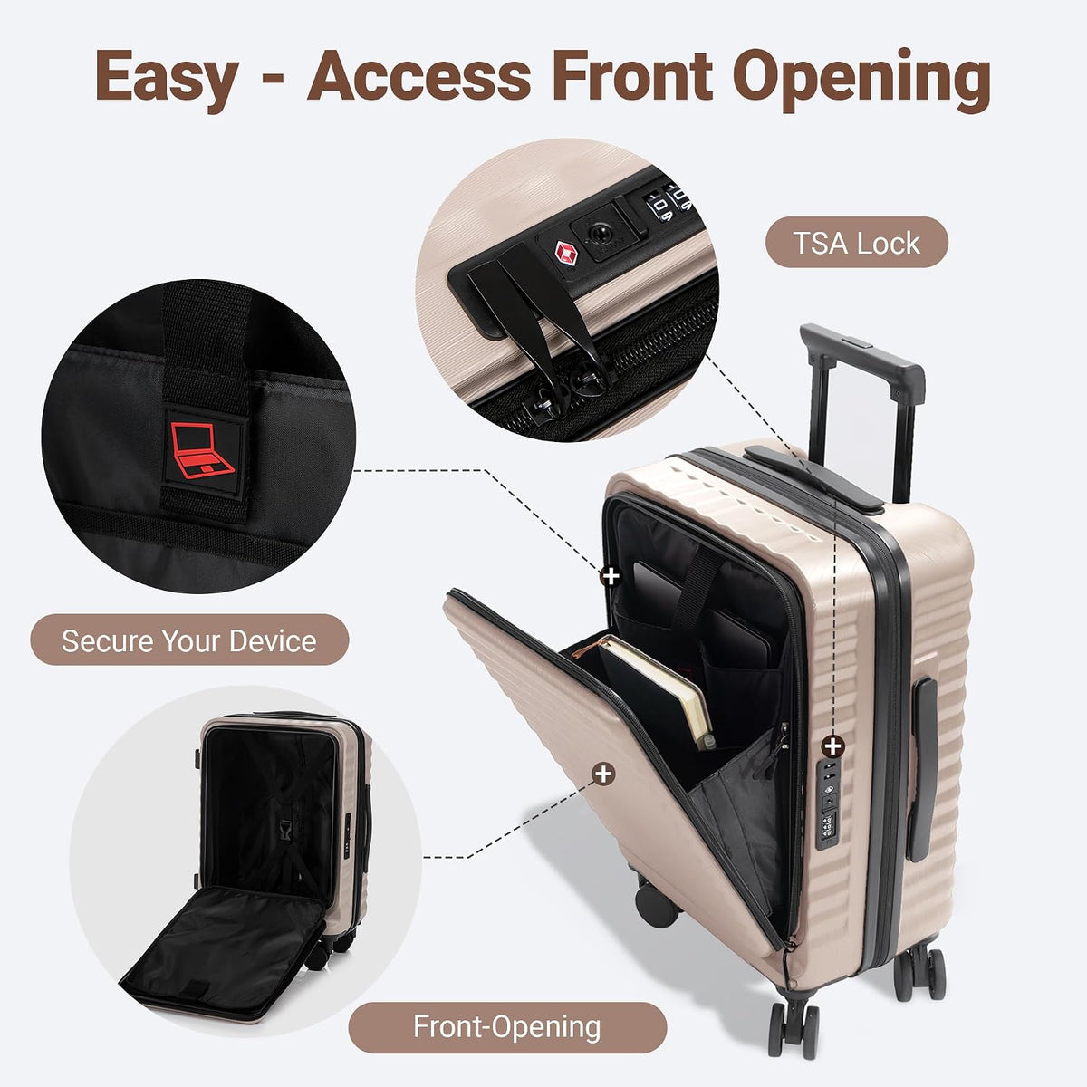 3-Piece Carry-On Beige Luggage Set with 20-Inch Expandable Hardside Suitcase, Travel Backpack & Toiletry Bag – Front Opening, TSA Lock & 360° Spinner Wheels