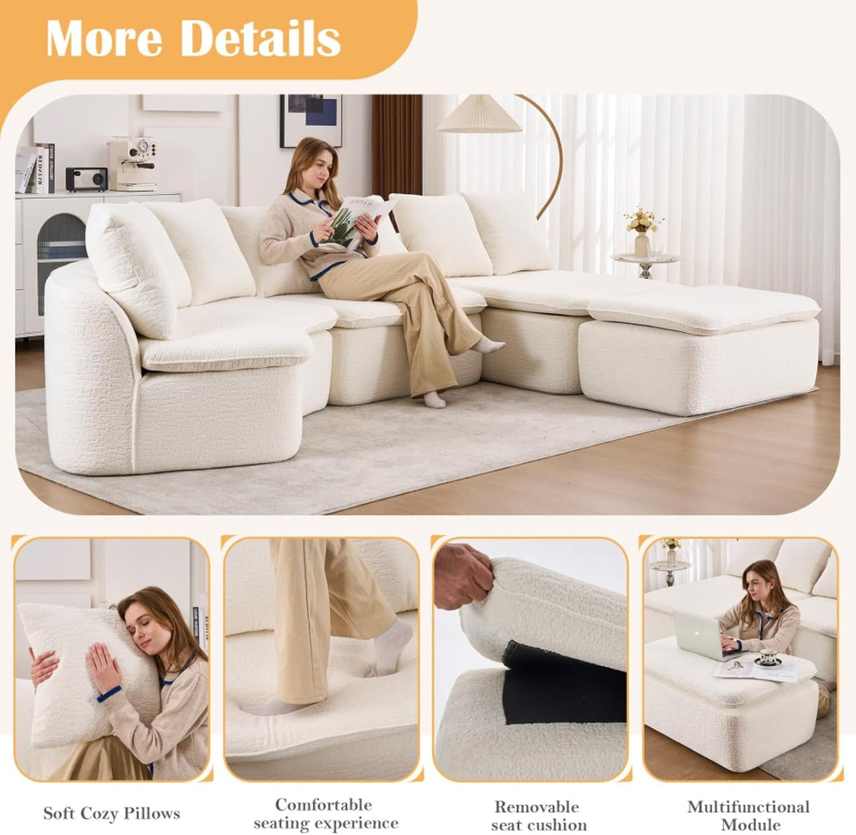 133'' Modular U Shape Sectional Compression Sofa with Removable Recliner and Back Cushions for Living Room, Bedroom, Chenille Boneless Sofa Couch with Ottoman for Large Spaces