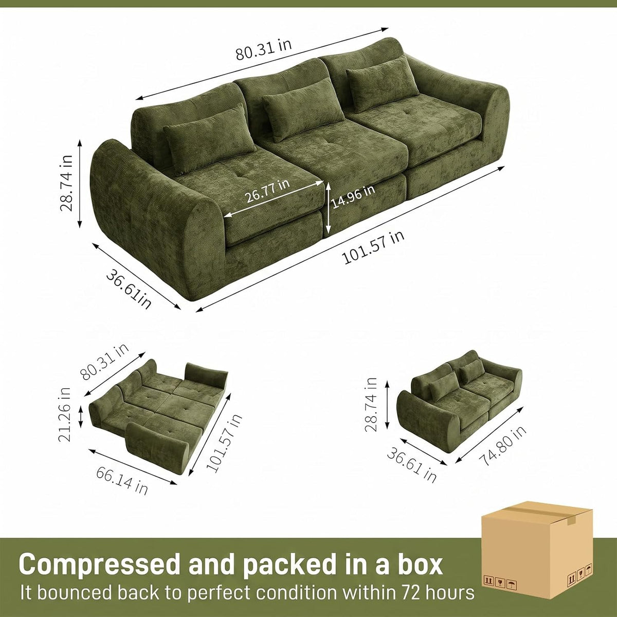 102" Modular Sectional Boneless Couch, Convertible Cloud Sofa Bed with Upholstered Deep Seat, Soft Deep Lounger for Living Room Playroom (Green)
