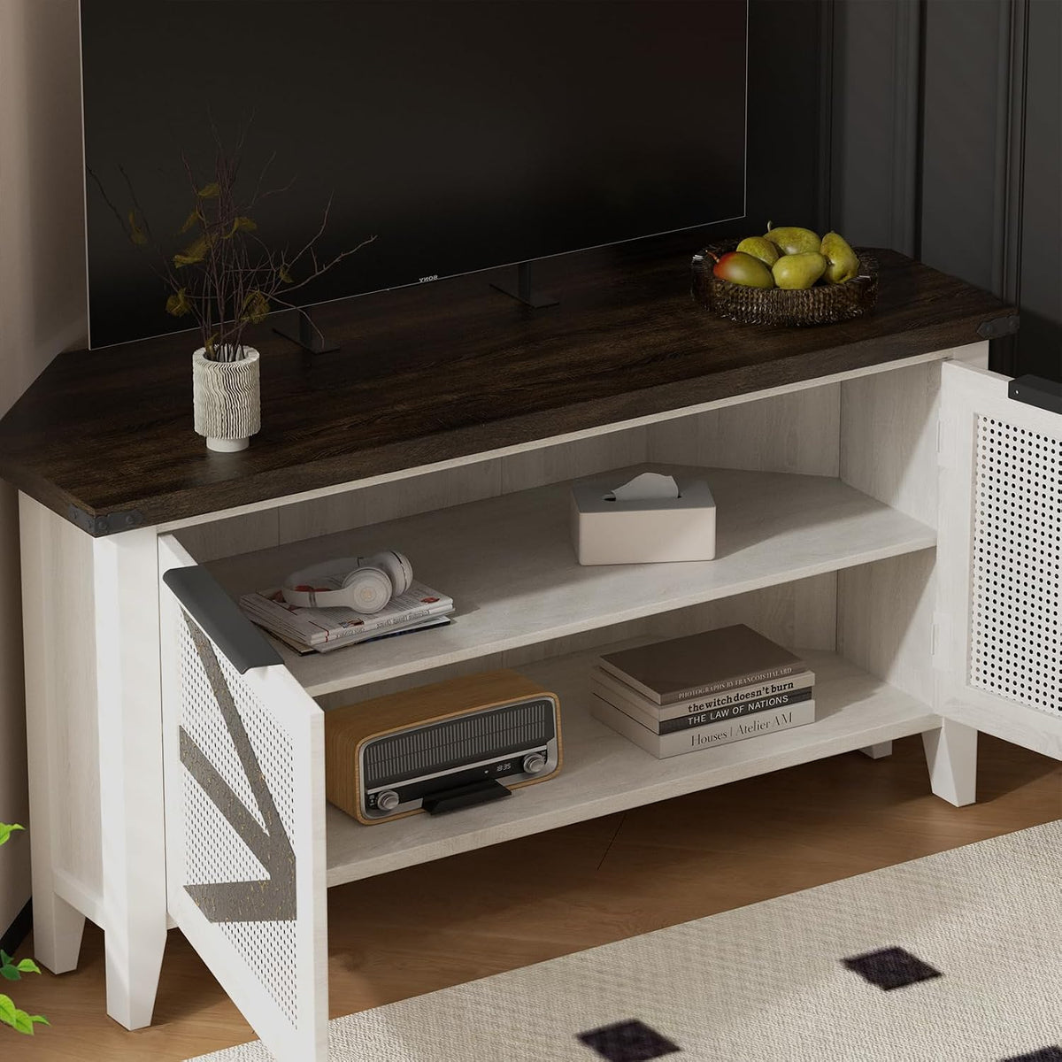 Farmhouse Corner TV Stand for 50 Inch TV, Rustic Entertainment Center with Storage, Space-Saving Media Console Table for Living Room & Bedroom