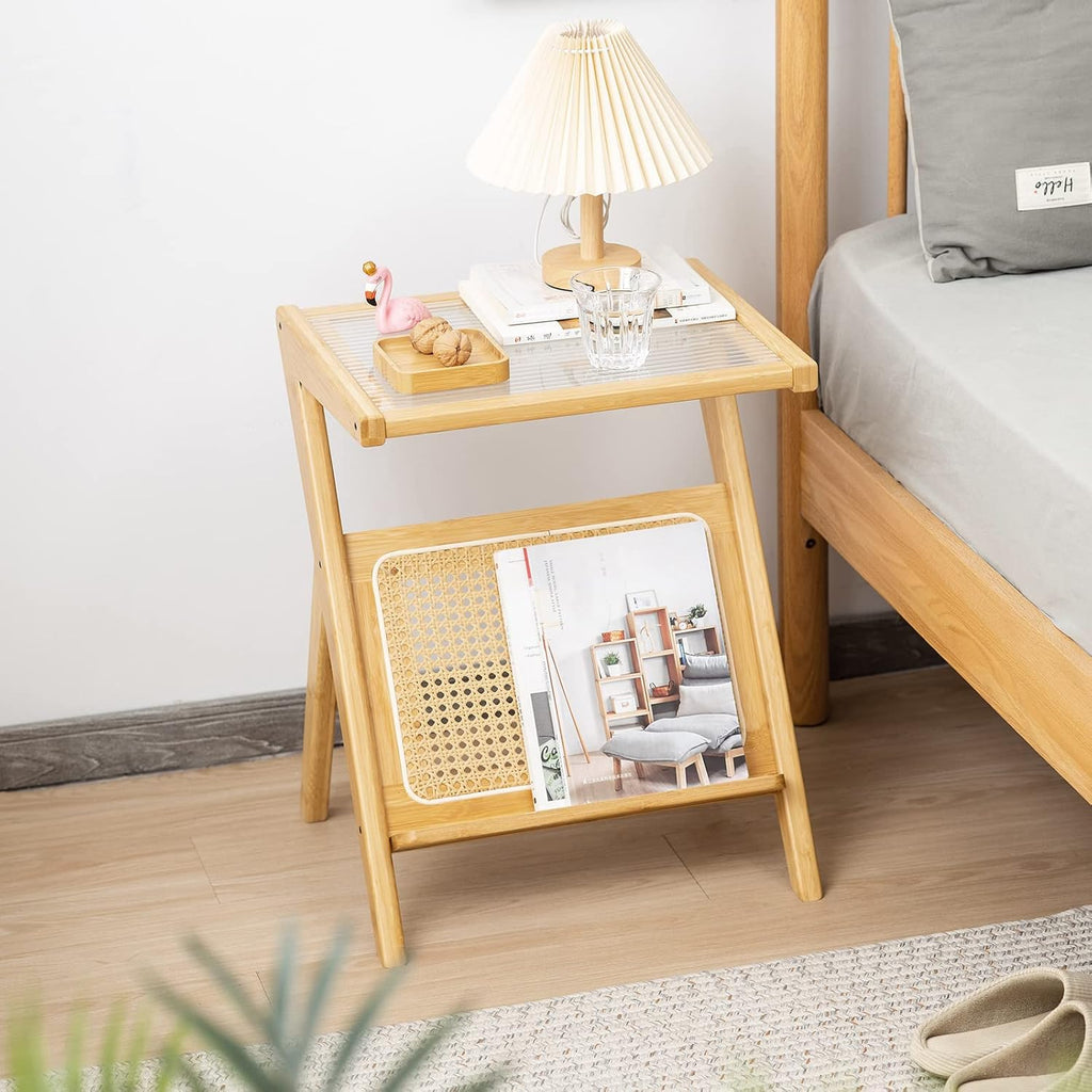 Large Wood Rattan Nightstand, Bamboo Side Table with Glass Top