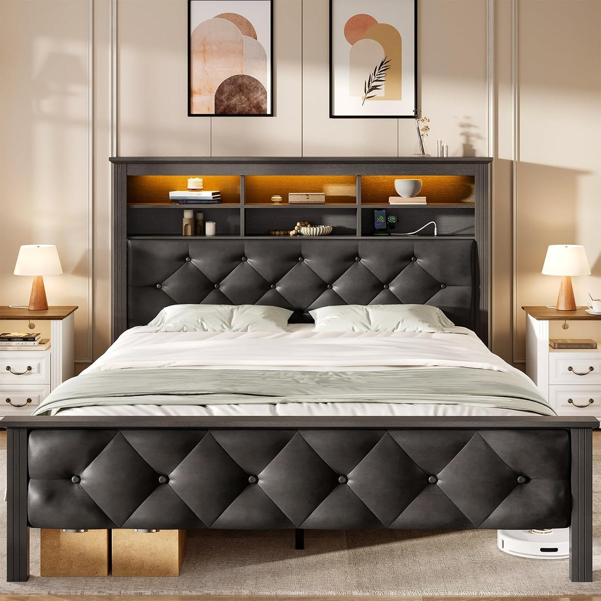 Farmhouse Queen Bed Frame with 51" Tall Headboard, Upholstered Queen Size Bed Frame with Storage, Charging Station and LED Light, Heavy Duty Wooden Slats, No Box Spring Needed，Black