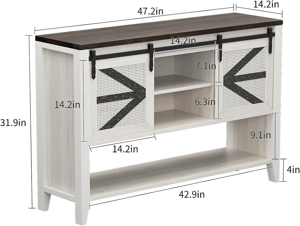 47.2" Farmhouse Console Table with Storage Drawers & Sliding Barn Doors, Hidden Compartment Narrow Rectangle Sofa Table Rustic Entryway Table for Living Room, Hallway, Behind Sofa