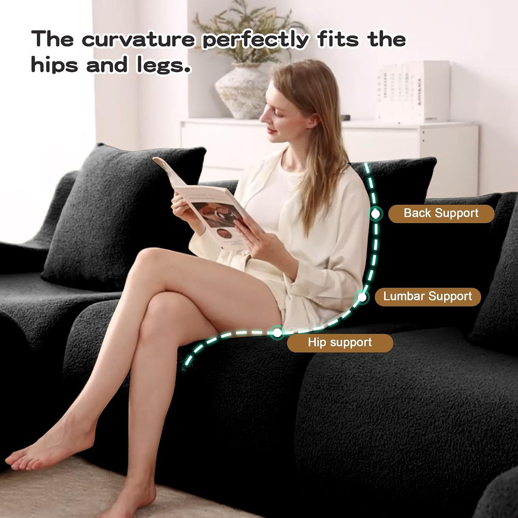 Soft Teddy Fabric Boneless Sofa Fluffy Comfortable Couch 32D High-Density Sponge Streamlined Design Non-Slip Base No Assembly for Living Room or Bedroom, Black