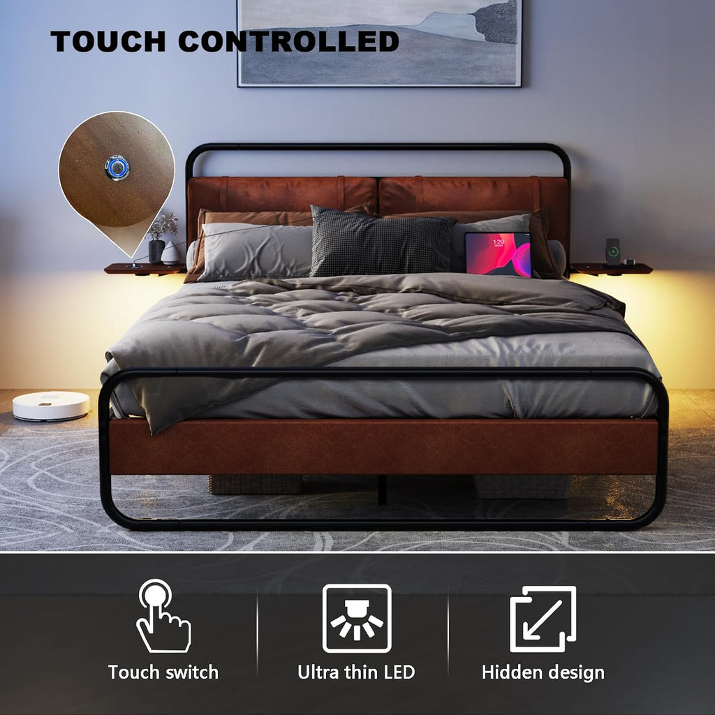 King Size Bed Frame,Metal Platform King Bed Frame, King Bed with Leather Upholstered Headboard, Built in Charging Station & LED, Noise-Free/Metal Slat Support/No Box Spring Needed, USB A+C