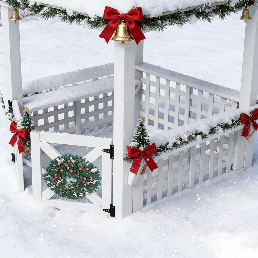 Large White Outdoor Wooden Playhouse for Kids, Weather-Resistant Cedar Fir Wood Backyard Cottage with Bench, Ultimate to Place Near Your White Christmas Tree,