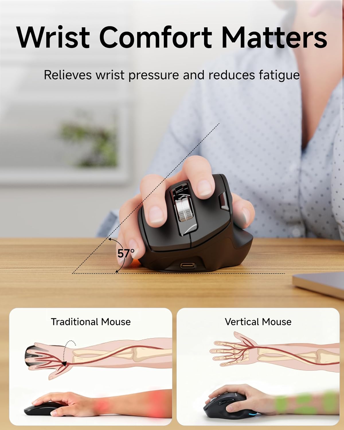C2 Ergonomic Mouse, Wireless Computer Mouse (BT&2.4G) for Work/Office, 5 Adjustable 4000 DPI, Quiet Clicks, RGB Light, Battery Rechargeable Comfort Grip Bluetooth Mouse for Laptop/PC/Mac, Black