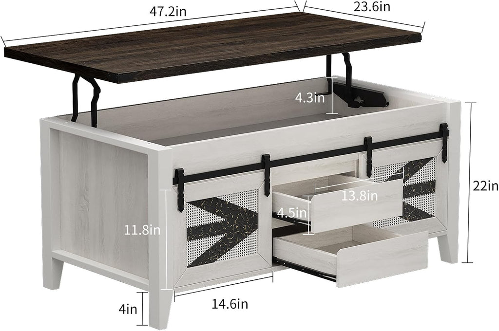 47.2" Lift Top Coffee Table with Hidden Compartment, Storage Drawers & Sliding Barn Doors, Farmhouse Rectangle Coffee Table for Living Room, Rustic Brown & White