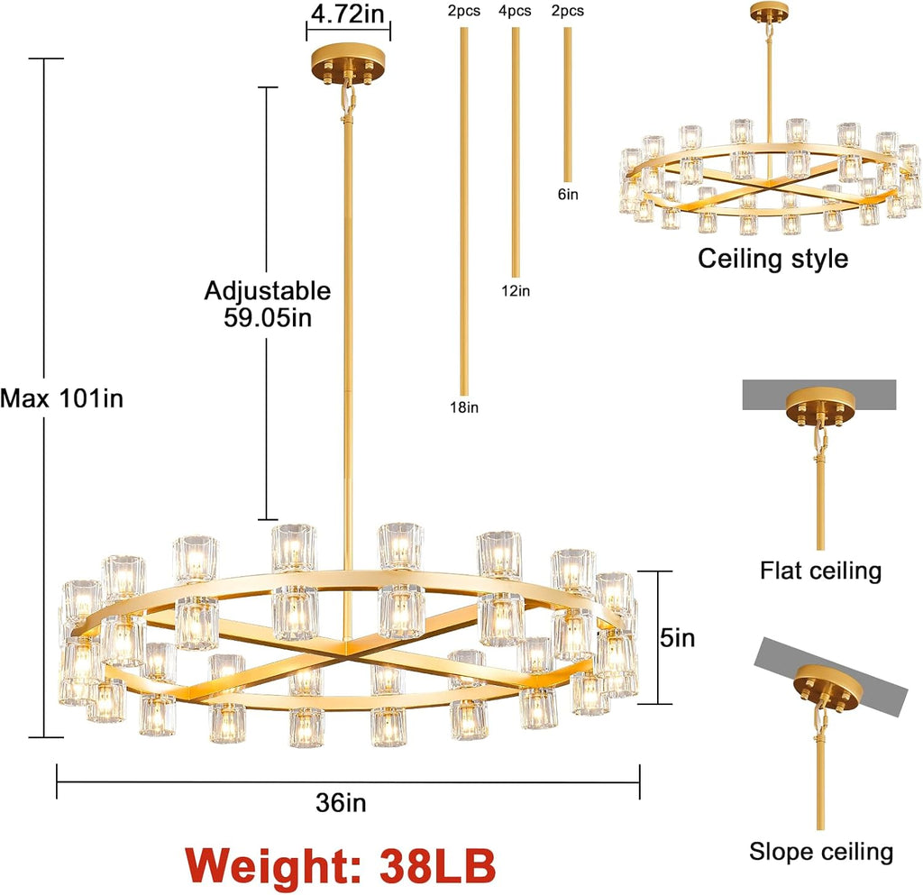 36 Inch Gold Wagon Wheel Chandelier with Crystal Shade, 36 Lights, Large Round Modern Farmhouse Style, Perfect for Living Room, Dining Room, Bedroom, Foyer, Bathroom