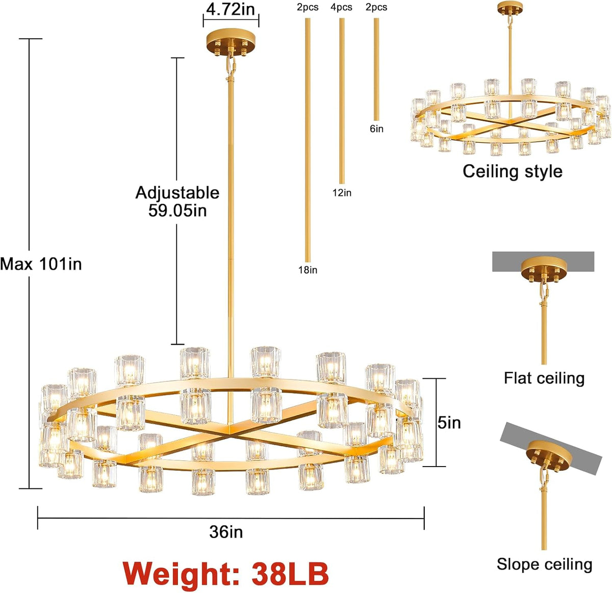 36 Inch Gold Wagon Wheel Chandelier with Crystal Shade, 36 Lights, Large Round Modern Farmhouse Style, Perfect for Living Room, Dining Room, Bedroom, Foyer, Bathroom