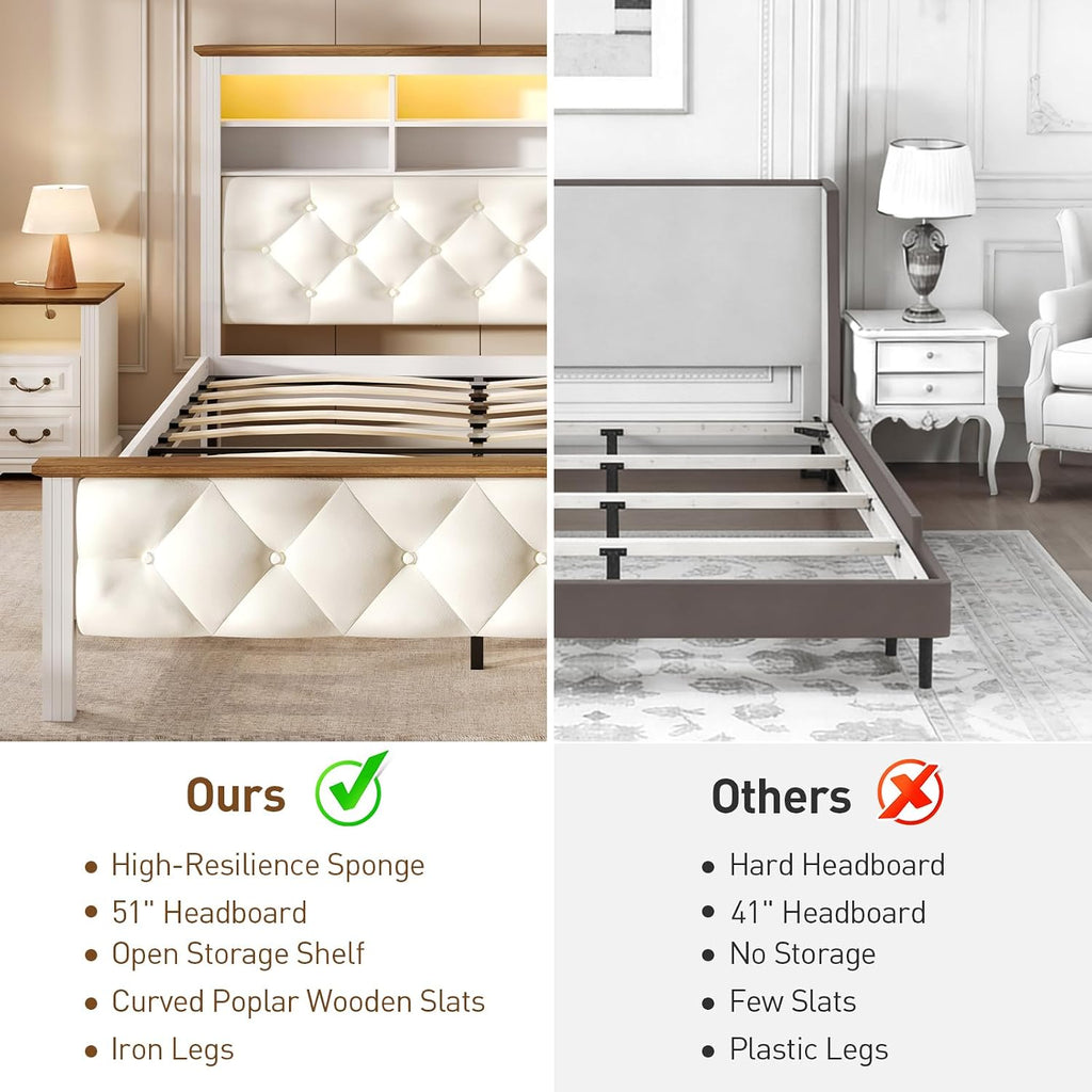 Farmhouse Queen Bed Frame with 51" Tall Headboard, Upholstered Queen Size Bed Frame with Storage, Charging Station and LED Light, Heavy Duty Wooden Slats, No Box Spring Needed，White and Walnut