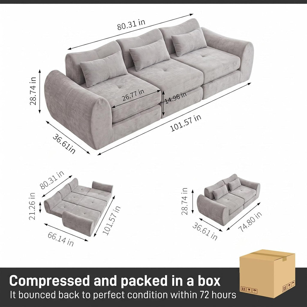 102" Modular Sectional Boneless Couch, Convertible Cloud Sofa Bed with Upholstered Deep Seat, Soft Deep Lounger for Living Room Playroom (Grey)