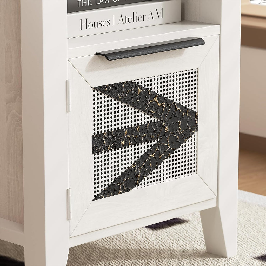 Farmhouse End Table with Charging Station, 18.1" Narrow Side Table for Living Room, Sofa End Table with Storage Cabinet & Open Shelf, Nightstand with 2 USB Ports and 2 AC Outlets
