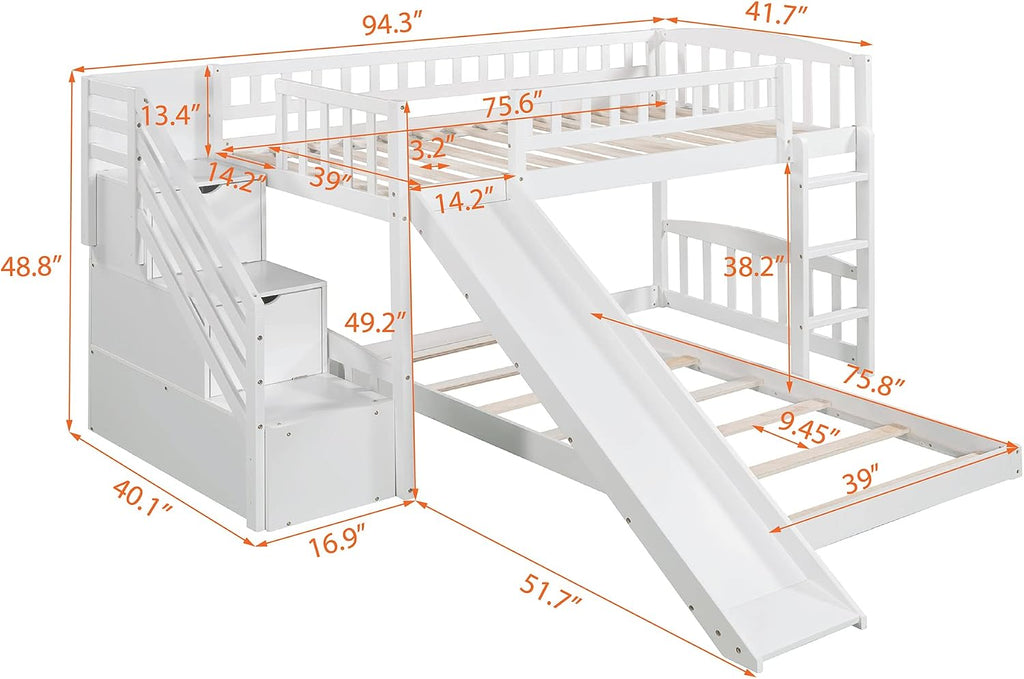 Bunk Bed Twin Over Twin, Bunk Bed with Stairs, Twin bunk Bed for Kids, Teens, Kids bunk beds, White Twin