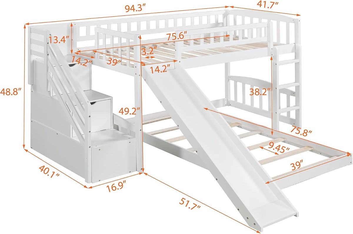 Bunk Bed Twin Over Twin, Bunk Bed with Stairs, Twin bunk Bed for Kids, Teens, Kids bunk beds, White Twin