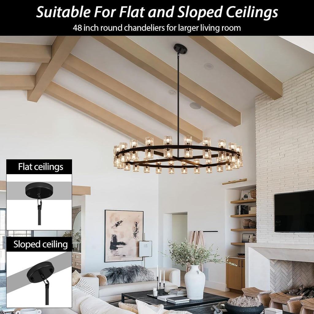 48 inch Black Round Chandeliers Light Fixture, Crystal Chandeliers for Dining Room, Living Room Chandelier, Wagon Wheel Chandelier Over Table, Suitable for Bedroom,Foyer,Includes Bulb