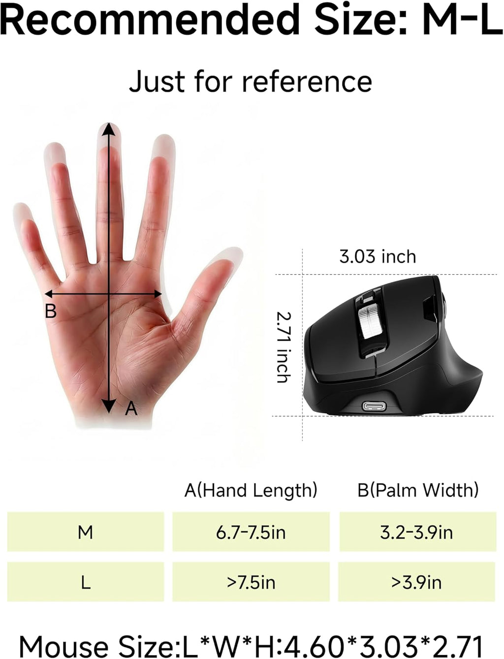 C2 Ergonomic Mouse, Wireless Computer Mouse (BT&2.4G) for Work/Office, 5 Adjustable 4000 DPI, Quiet Clicks, RGB Light, Battery Rechargeable Comfort Grip Bluetooth Mouse for Laptop/PC/Mac, Black
