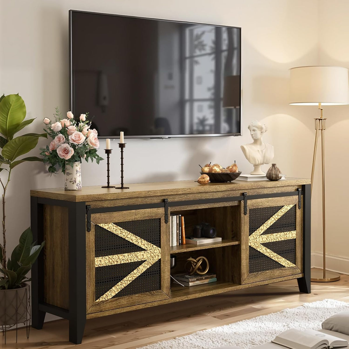 60 Inch TV Stand for TVs up to 65", Rustic Farmhouse Media Console with Sliding Barn Doors, 6 Drawers, Entertainment Center for Living Room