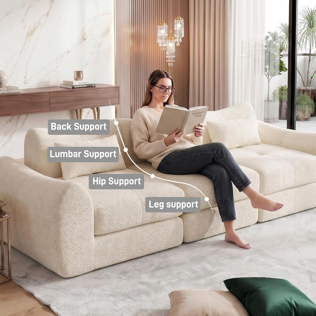 102" Modular Sectional Boneless Couch, Convertible Cloud Sofa Bed with Upholstered Deep Seat, Soft Deep Lounger for Living Room Playroom (Beige)