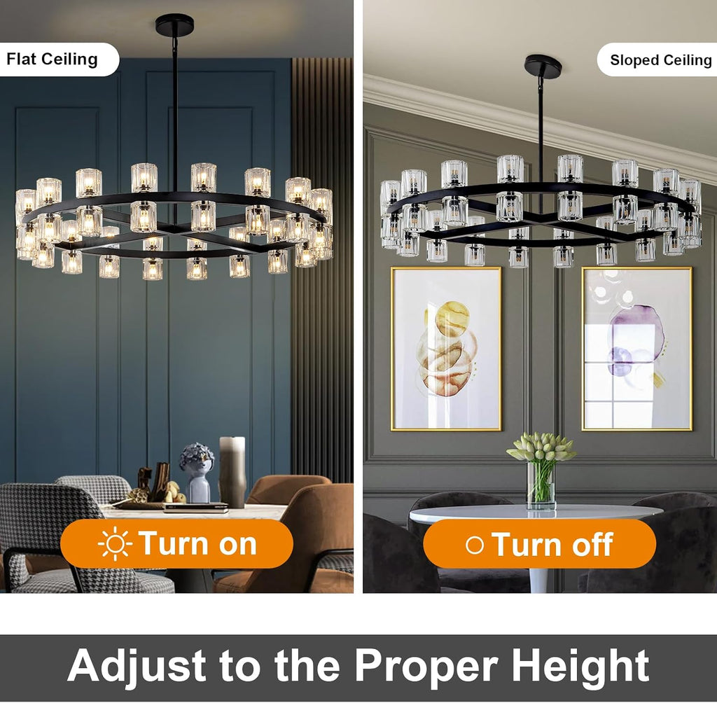 36 Inch Black Wagon Wheel Chandelier with Crystal Shade, 36 Lights, Large Round Modern Farmhouse Style, Perfect for Living Room, Dining Room, Bedroom, Foyer, Bathroom