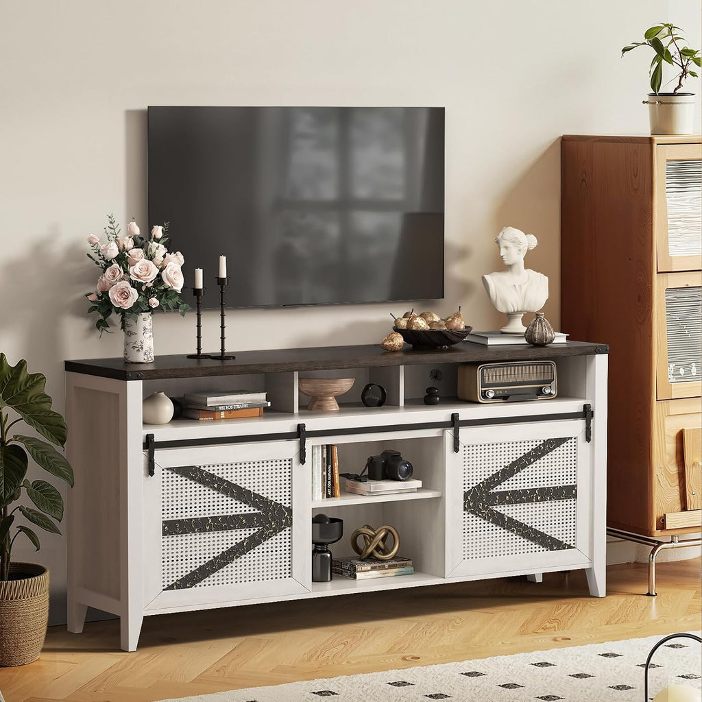 70 Inch TV Stand for TVs up to 70", Rustic Farmhouse Media Console with Sliding Barn Doors, 6 Drawers, Entertainment Center for Living Room