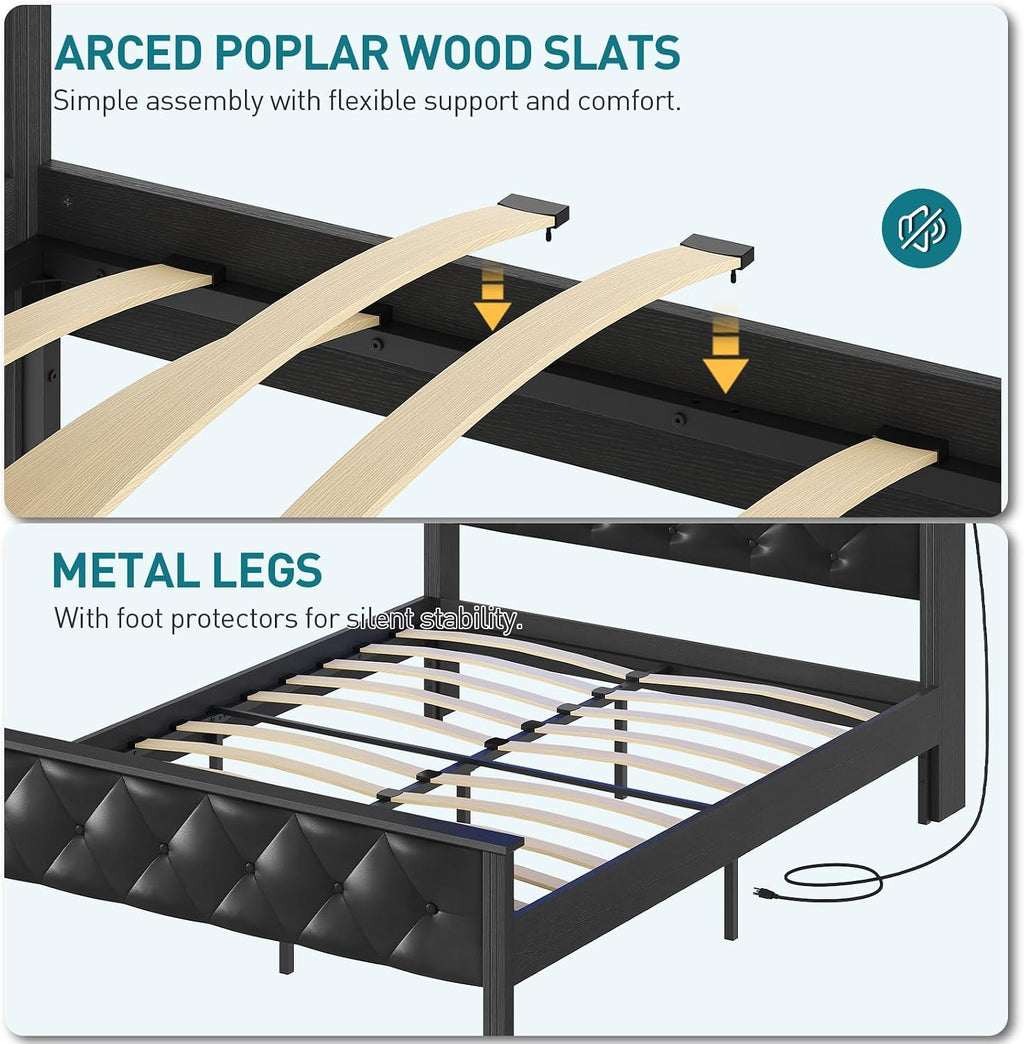 Farmhouse Queen Bed Frame with 51" Tall Headboard, Upholstered Queen Size Bed Frame with Storage, Charging Station and LED Light, Heavy Duty Wooden Slats, No Box Spring Needed，Black