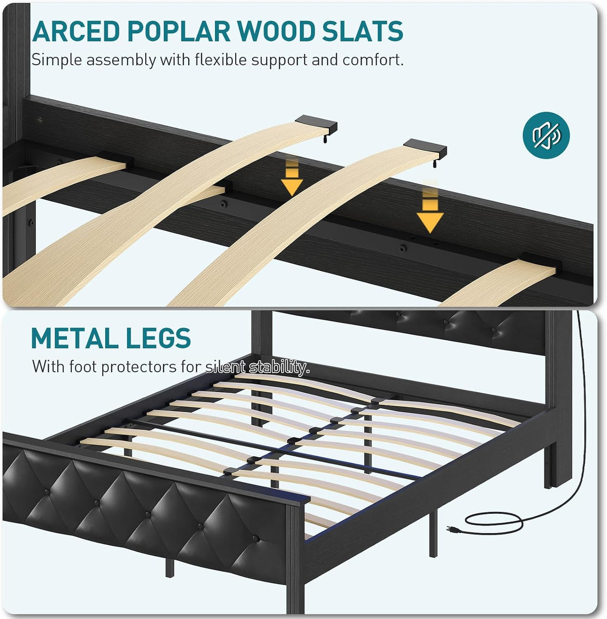 Farmhouse Queen Bed Frame with 51" Tall Headboard, Upholstered Queen Size Bed Frame with Storage, Charging Station and LED Light, Heavy Duty Wooden Slats, No Box Spring Needed，Black