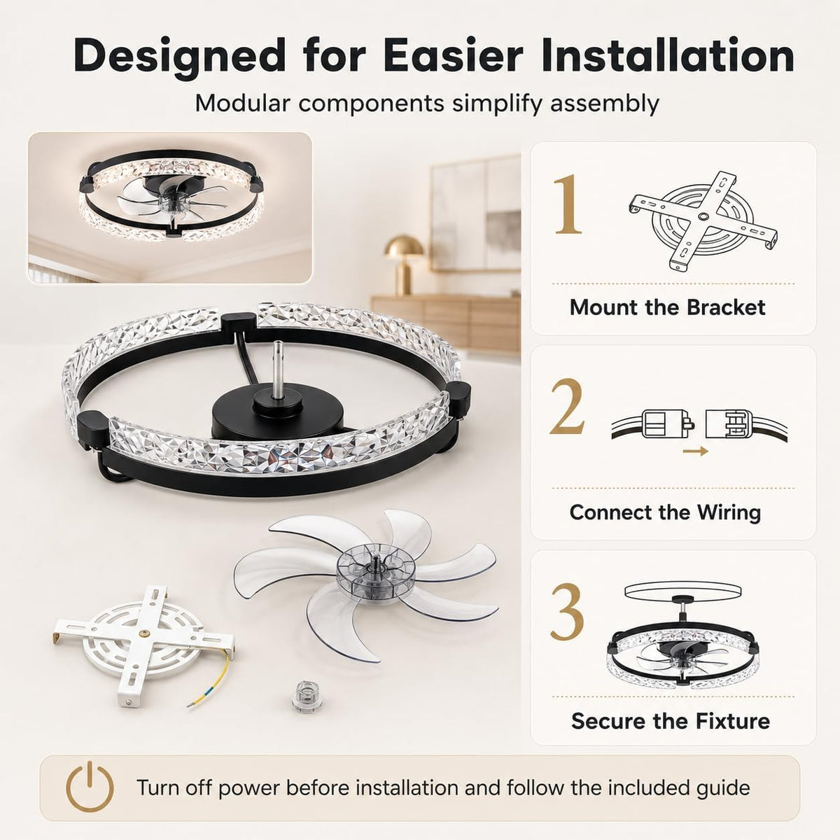 20" Low Profile Fandelier Ceiling Fans with Lights and Remote, Black