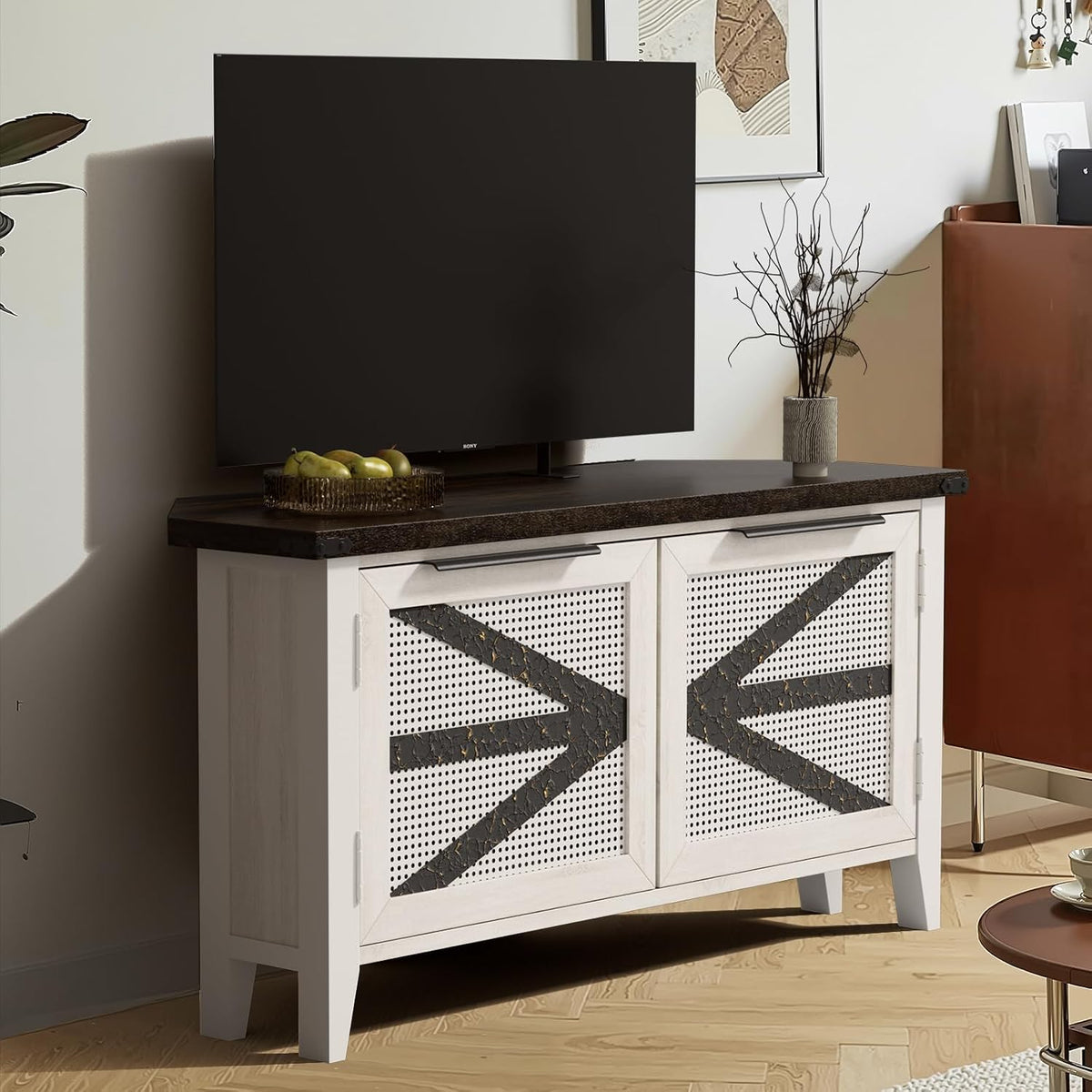 Farmhouse Corner TV Stand for 50 Inch TV, Rustic Entertainment Center with Storage, Space-Saving Media Console Table for Living Room & Bedroom