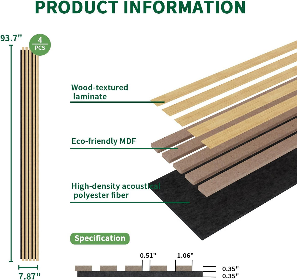 Wood Slat Acoustic Panels, 4 Pack 94" x 8"(21ft²) Wood Wall Panels, Soundproof Wood Slat Panel, 3D Fluted Sound Absorbing Paneling for Wall Decor, Living Room, Bedroom, Oak