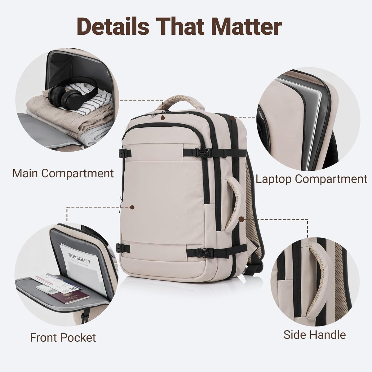 3-Piece Carry-On Beige Luggage Set with 20-Inch Expandable Hardside Suitcase, Travel Backpack & Toiletry Bag – Front Opening, TSA Lock & 360° Spinner Wheels