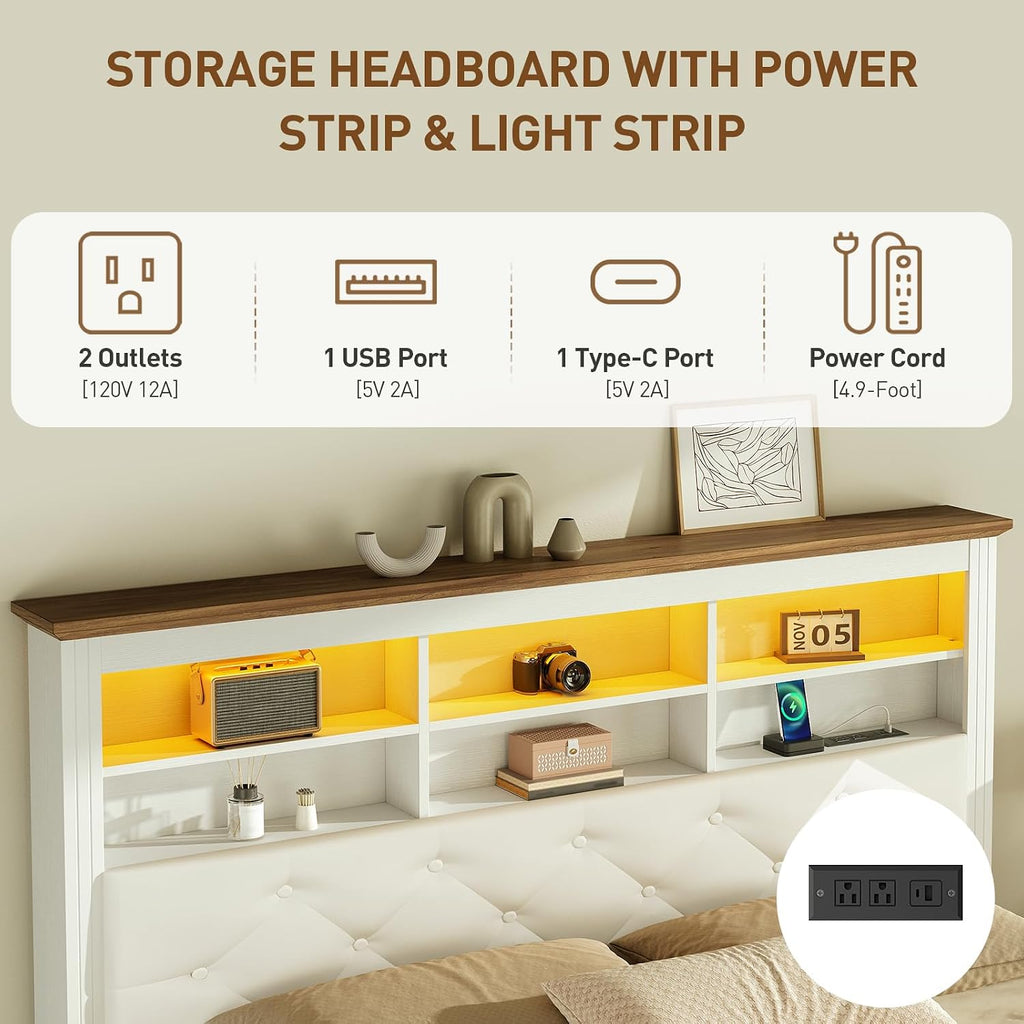 Farmhouse Queen Bed Frame with 51" Tall Headboard, Upholstered Queen Size Bed Frame with Storage, Charging Station and LED Light, Heavy Duty Wooden Slats, No Box Spring Needed，White and Walnut