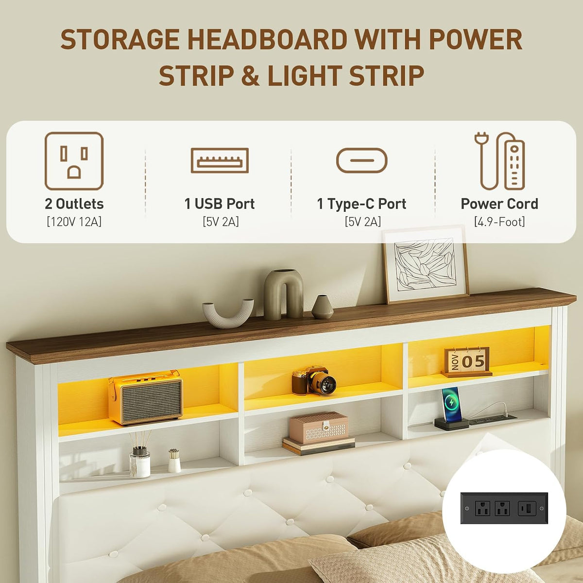 Farmhouse Queen Bed Frame with 51" Tall Headboard, Upholstered Queen Size Bed Frame with Storage, Charging Station and LED Light, Heavy Duty Wooden Slats, No Box Spring Needed，White and Walnut