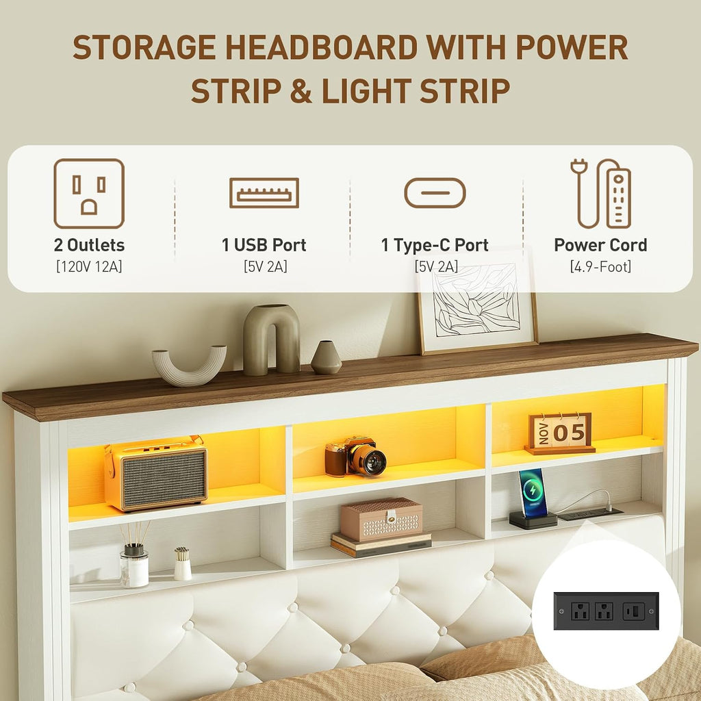 Farmhouse Full Bed Frame with 51" Tall Headboard, Upholstered Full Size Bed Frame with Storage, Charging Station and LED Light, Heavy Duty Wooden Slats, No Box Spring Needed，White