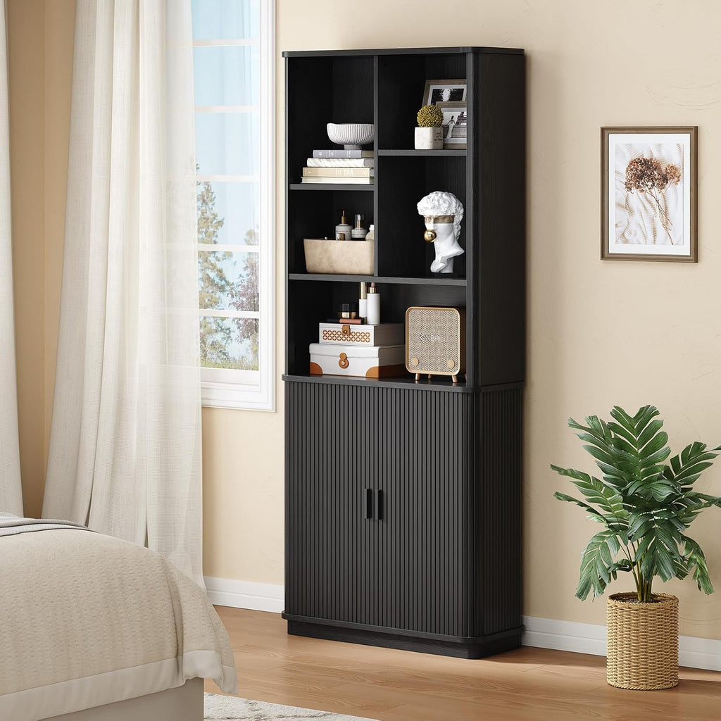 71" Tall Cube Bookcase, Curved Bookshelf with Storage Cabinet & Adjustable Storage Shelf