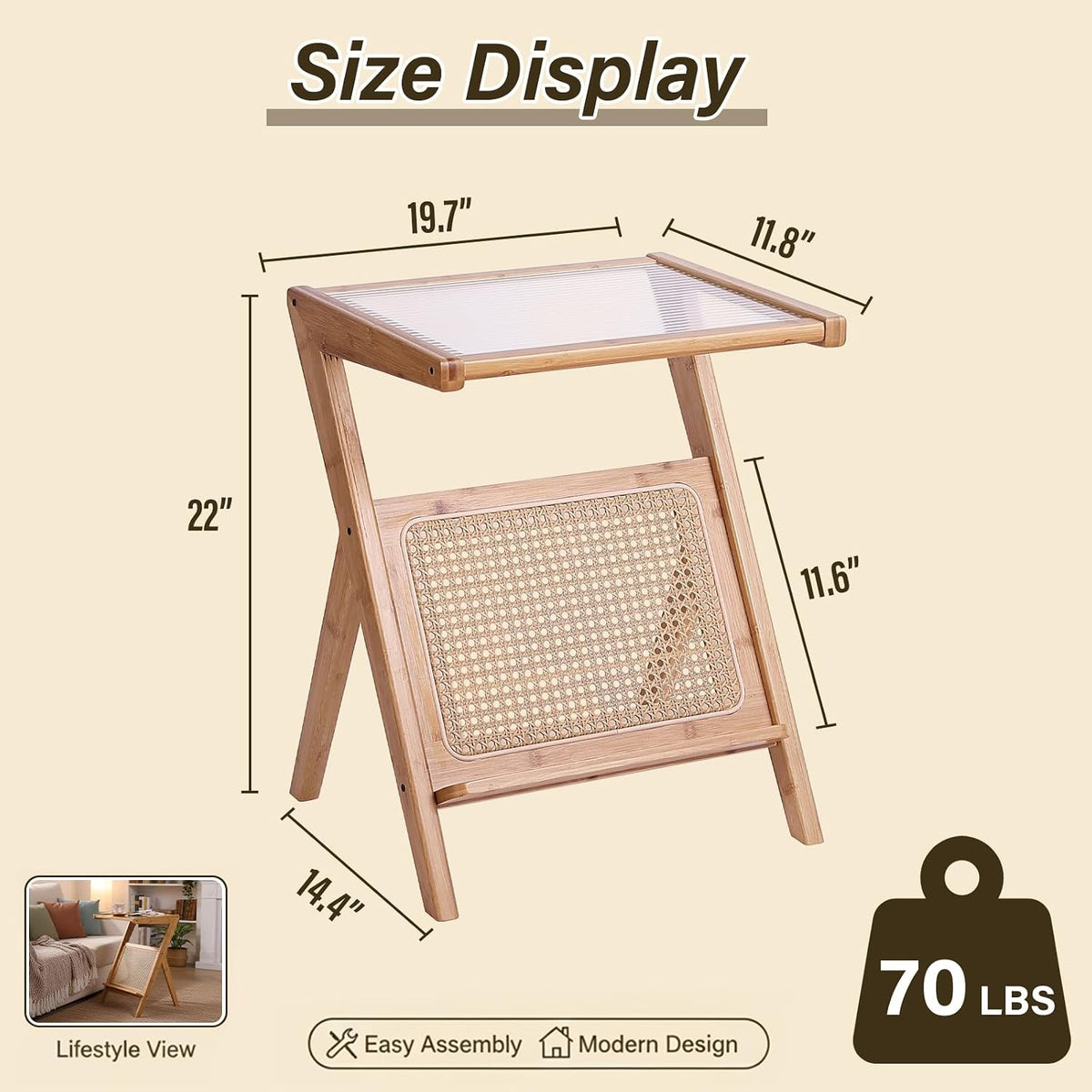 Large Wood Rattan Nightstand, Bamboo Side Table with Glass Top